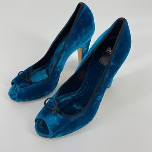 D&G Suede Blunt Open Toe Turquoise Bow Heels Shoes